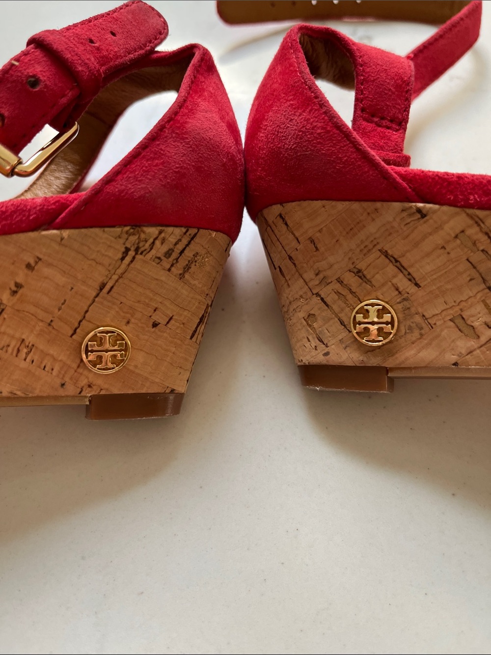 Tory Burch Red Suede Ankle-Strap Cork Wedge Sandal - Picture 3 of 8